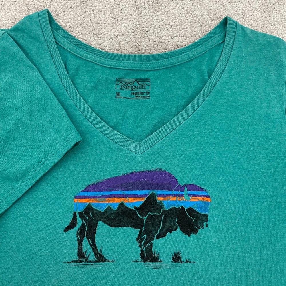Patagonia T Shirt Womens Medium Bison Mountain Graphic Teal